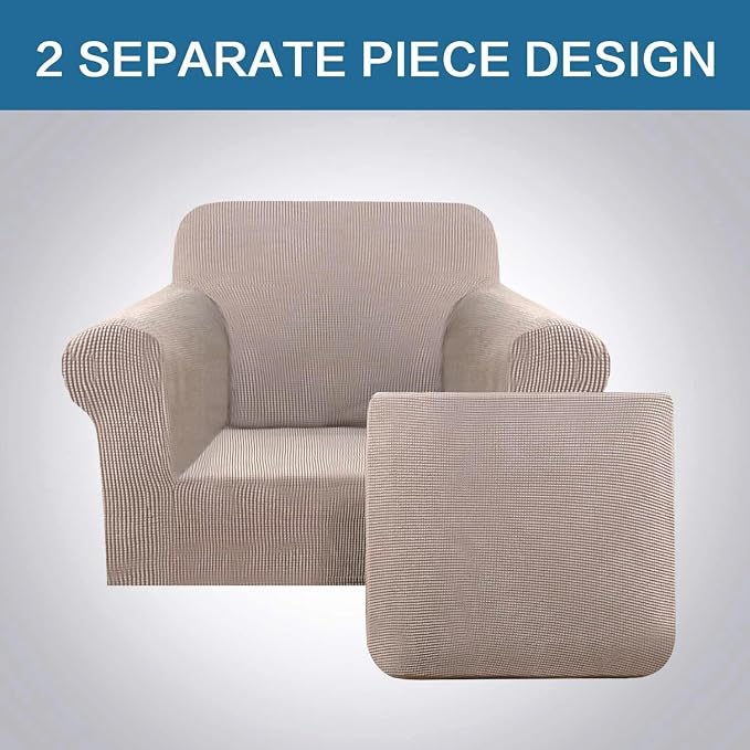 H.VERSAILTEX Small Armchair Cover 2 Piece Chair Covers for Living Room Furniture Cover Suit for T Cushion/Box Cushion, Spandex Jacquard Fabric Small Checks(Armchair-Standard, Sand)