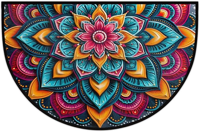 Flower Half Round Door Mat Semi Moon Rug Fireplace Carpet Area Rugs | Colorful Mandala Non Slip Absorbent Half Circle Mat Carpet for Indoor Outdoor Patio Kitchen Bathroom Entryway Home Decor
