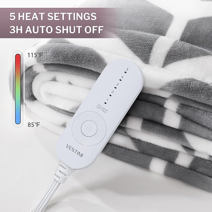 Heated Throw Blanket, 5 Heat Levels & 3 Hours Auto Off, Grey | ETL & FCC, fast warming, 50" x 60", flannel and sherpa, couch office use, machine washable, removable controller