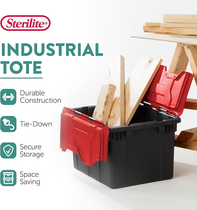 Sterilite 12 Gal Hinged Lid Industrial Tote, Stackable Storage Bin with Hinge Lid, Plastic Container to Organize Basement, Black with Red Lid, 6-Pack | Heavy-Duty and Stackable Utility Box Containers for Home, Office, and Basement Organization, Black/Red