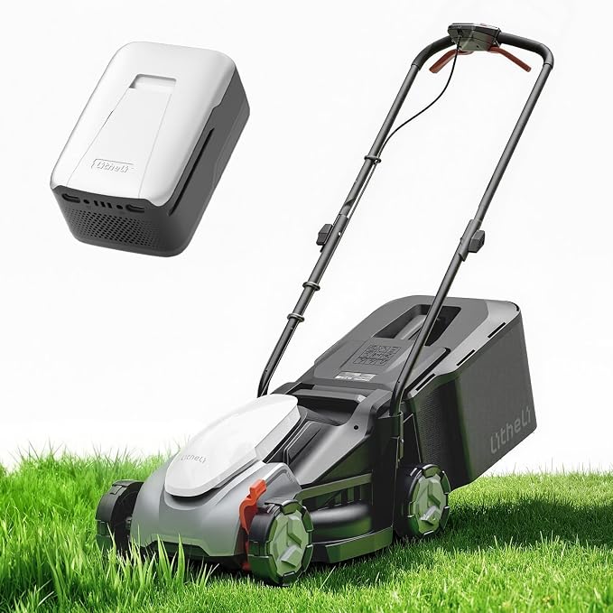 Litheli 14” Electric Lawn Mower Cordless, 8.0Ah Extended Run Time Battery, Brushless Motor, 5 Cutting Heights, 9 Gal Grass Catcher, Ideal for Mid-Sized Lawns