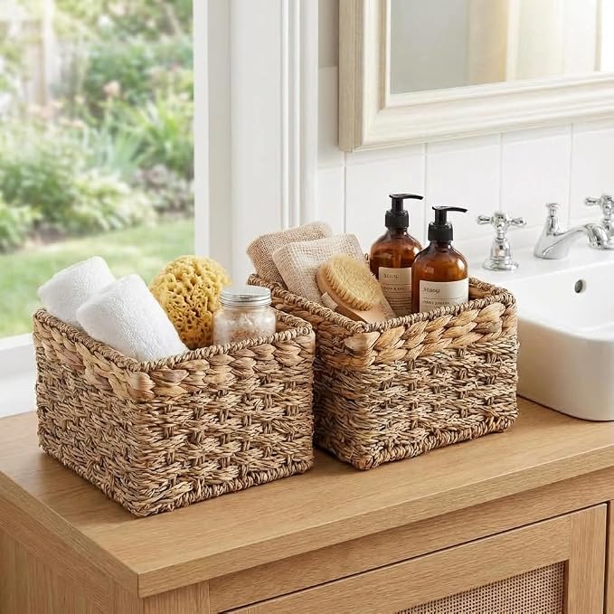 Small Wicker Storage Basket, Set of 2, 8 x 7 x 5.5 Inches | Natural, Woven Baskets for Organizing Living Room, Pantry, Shelves, Wicker, Decorative, Storage, Small