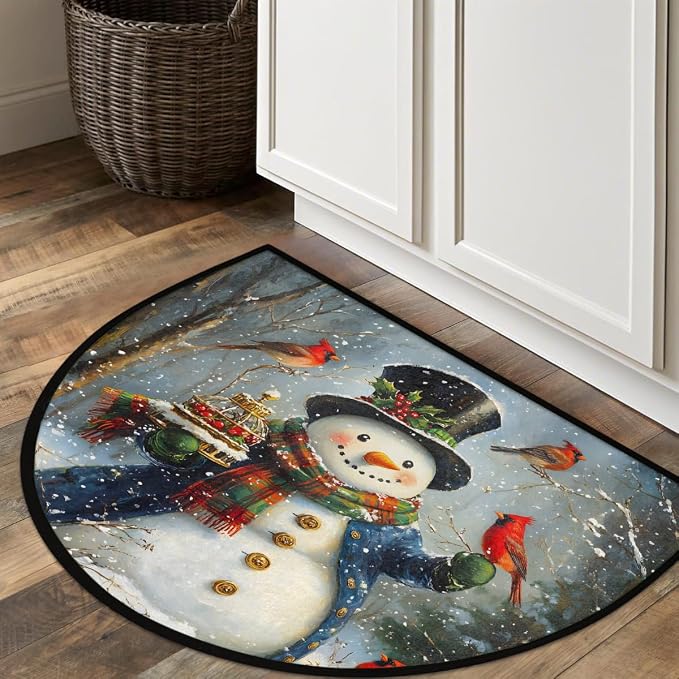 Christmas Xmas Half Round Door Mat Christmas Cardinal Cute Snowman Half Moon Rug Washable Half Circle Area Rugs Indoor Entrance Non Slip Semi Circle Rugs Floor Carpet for Kithen Bedroom Decorate Gift