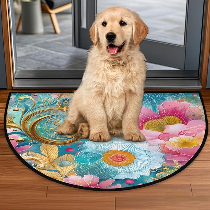 Flower Half Round Door Mat Semi Circle Rug Half Moon Doormat | Soft Washable Gold Turquoise Welcome Entrance Mat for Outdoor Indoor Floor Bedroom Bathroom Home Kitchen Festival Decor
