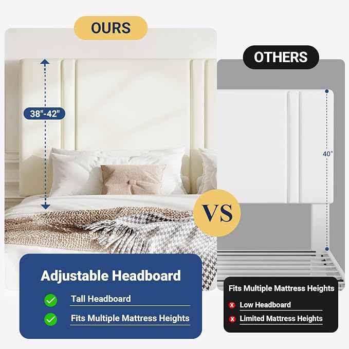 Allewie California King Size Platform Bed Frame with Adjustable Headboard | Plush Velvet Upholstered, Vertical Channel Tufted, Sturdy Wood Slats, No Box Spring Needed, Easy Assembly, Cream