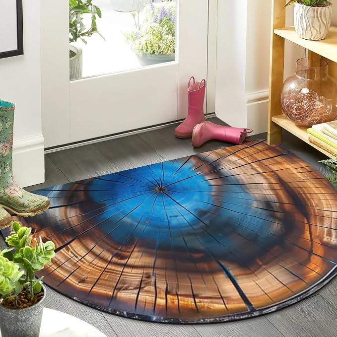 Fchen art Vintage Wood Grain Blue Half Round Door Mat – Non Slip Washable Welcome Mat for Indoor/Outdoor Use, Durable Absorbent Doormat for Home Kitchen Entryway Restaurant Office, 32x47 Inches