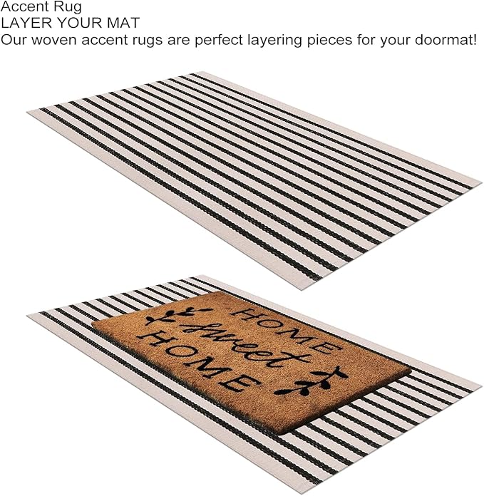 LEEVAN Black and White Striped Patio Outdoor Rug 5x8, Washable Living Room Bedroom Area Rug, Soft Cotton Blend Sturdy Carpet for Kitchen, Dining Room, Playroom, Mudroom, Sunroom