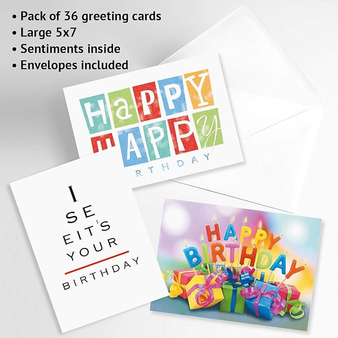 Current Mega Birthday Greeting Card Variety Value Pack – Set of 36 (18 Designs), Large 5 x 7 inches, Envelopes Included
