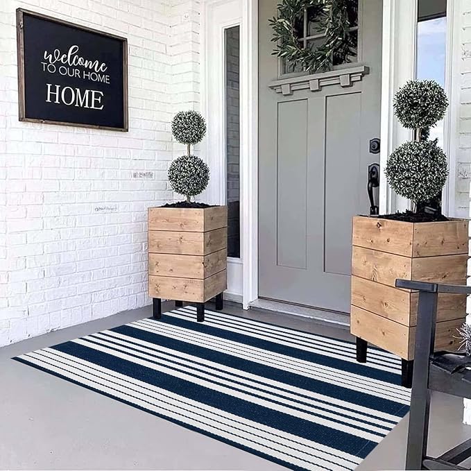 BUAGETUP Blue and White Outdoor Rug 3'x 5' Cotton Woven Washable Rug Striped Front Porch Rug Indoor/Outdoor Area Rug Floor Mat for Farmhouse/Layered Door Mats/Living Room