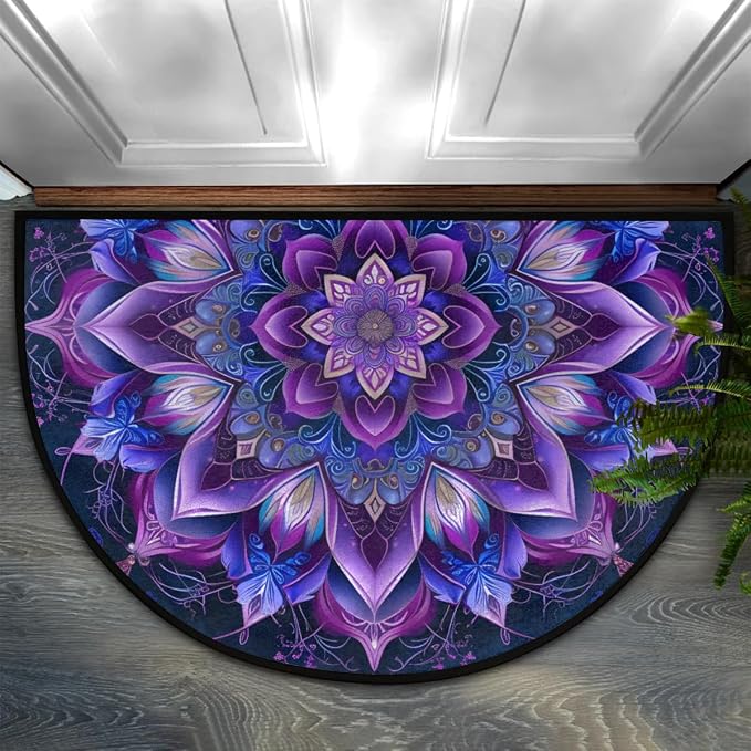 Mandala Purple Half Round Door Mat Semi Moon Rug Fireplace Carpet Area Rugs | Mandala Purple Non Slip Absorbent Half Circle Mat Carpet for Indoor Outdoor Patio Kitchen Bathroom Entryway Home Decor