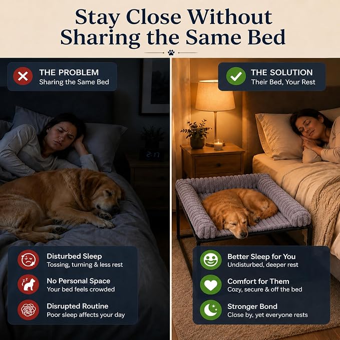 Adjustable Bedside Dog Bed for Large Dogs, Elevated Co-Sleeper Dog Bed with Reinforced Metal Frame, Thick Supportive Cushion Mattress & Washable Cover, Dog Bedside Sleeper for Dogs & Cats
