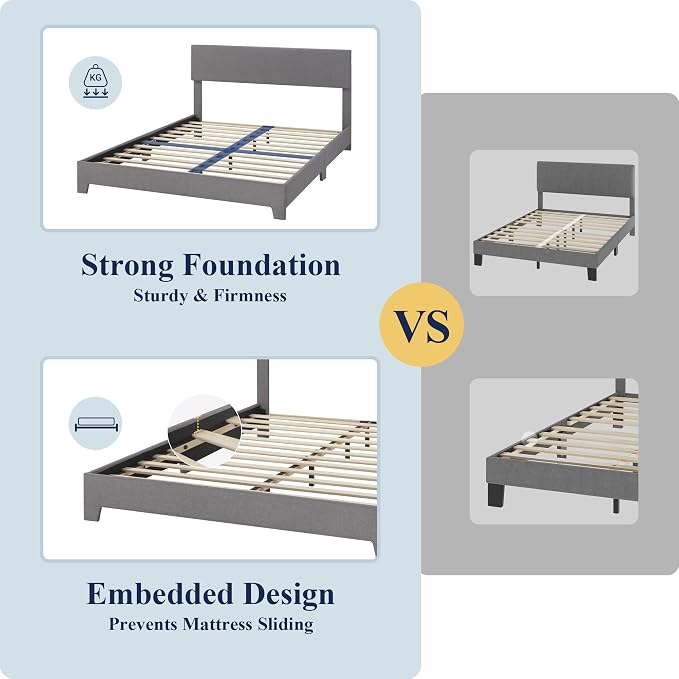 Allewie Full Size Upholstered Bed Frame Adjustable Headboard, Light Grey | Platform Bed with Heavy Duty Mattress Foundation, Noise-Free, Easy Assembly, Wood Slat Support, No Box Spring Needed