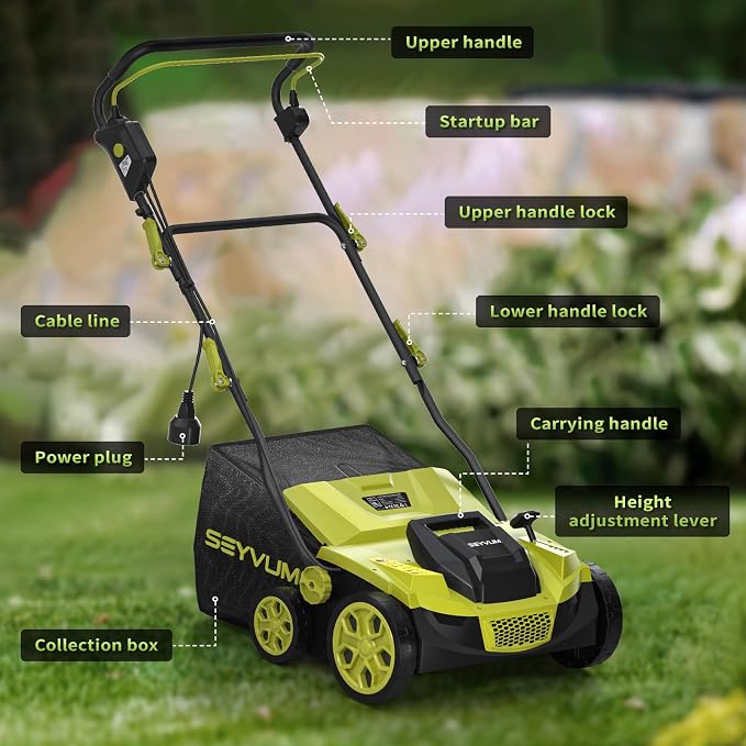 SEYVUM 15 Amp 15 inch Electric Dethatcher and Scarifier, 40L Collection Bag | Corded Lawn Dethatcher, 5-Position Working Height, Green