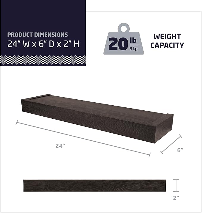 HIGH & MIGHTY Modern 24" Floating Shelf Holds up to 20 lbs, Easy Tool-Free Dry Wall Installation, Flat, Espresso | 515659