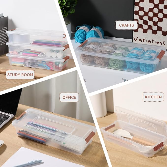 novelinks 4 Quart Clear Plastic Storage Containers with Lids (8 Pack) | Storage Bins with Lids, Stackable Small Clear Bins, Craft Storage Box, Paper Storage, Under Bed Storage Bins, Pencil Box