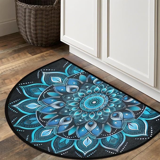 cfpolar Half Round Door Mat Ethnic Mandala Blue Floral Non-Slip Semi Circle Area Rug Washable Half Moon Hearth Rugs for Indoor Outdoor Bathroom Kitchen Patio Runner Mat Laundry Room Home Decoration