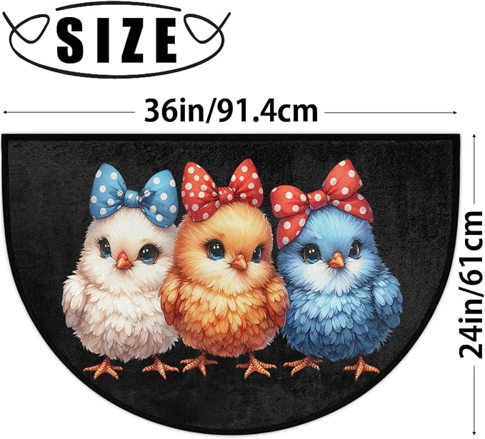 Half Round Doormat Colorful Animal Chick Washable Semi Circle Mat Non Slip Absorbent Half Moon Rugs for Indoor Outdoor Entrance Kitchen Bathroom Bedroom Patio Fireplace Floor Carpet Decor