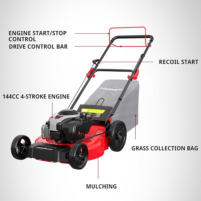PowerSmart 21" Self-Propelled Gas Lawn Mower, 140cc Briggs & Stratton Engine, 3-in-1 Mulching/Bagging/Side Discharge, 6 Cutting Heights, Durable Steel Deck, Rear-Wheel Drive for Yard & Garden