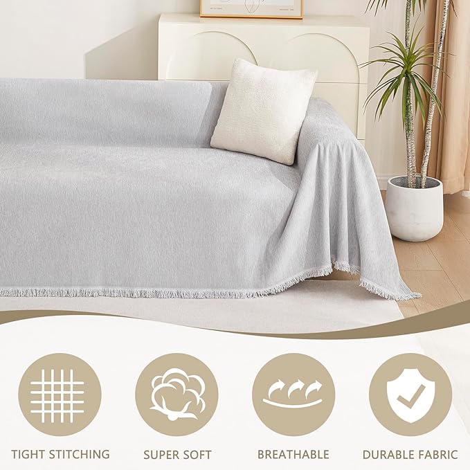 MYSKY HOME Sofa Cover for Dogs Washable for Loveseat, Boho Couch Cover Cover for Sofa, Couch Cover Blanket Soft Thick Durable Tassel Sofa Slipcovers Furniture Protector, 71"x 118", Light Gery