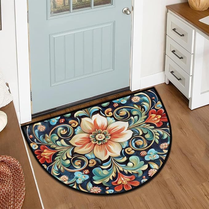 Hand Painted Flower Half Round Door Mat Non-Slip Semi Circle Rug Washable Half Moon Floor Rug Absorbent Bathroom Area Rugs for Outdoor Indoor Fireplace Mat Entryway Kitchen Decor Rugs
