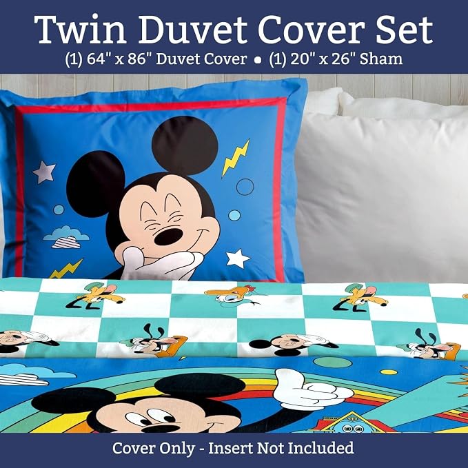 Jay Franco Duvet Cover Set – 2 Piece Comforter Cover and Sham Set, Super Soft Cozy Kids Bedding (Insert Not Included) Blue - Mickey Mouse, Twin