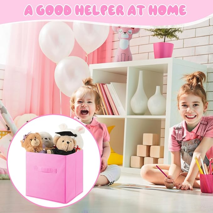Yinder 12 Pcs Cube Storage Bin Pink 10.5''x10.5''x11'' Storage Bins for Playroom Decor Colorful Bins for Kids Foldable Baskets for Nursery Organizer Boxes Fabric Boxes