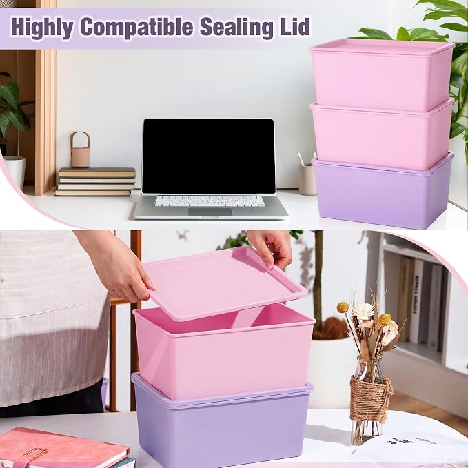 Menkxi 6 Pcs Storage Bins with Lids Small Plastic Storage Containers Stackable Storing Baskets Box Cute Organizer Bins for Organizing Shelves (Pink,Purple,Orange)