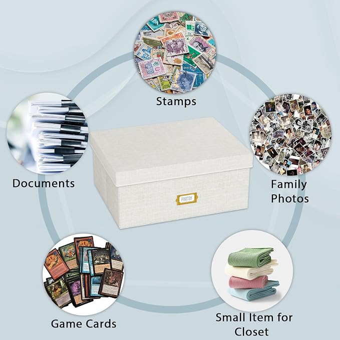 Decorative Photo Storage Box, Linen Photo Box Holds 1700 5x7 Pictures Beige | Photo Storage Containers with 8 Dividers, Memory Keepsake Organizer for Photos, Scrapbook Supplies, Cards, Stamps,Archive Box