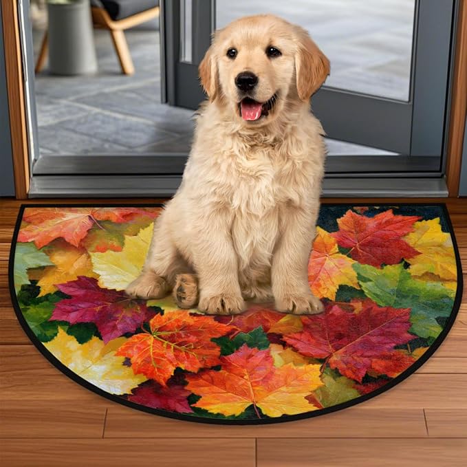 Autumn Half Round Door Mat Welcome Entrance Mat Bath Bathroom Rug C3 | Autumn Fall Maple Leaves Welcome Entrance Mat Anti-Slip Half Moon Bath Mat Semi Circle Rug Indoor Outdoor Kitchen Rug