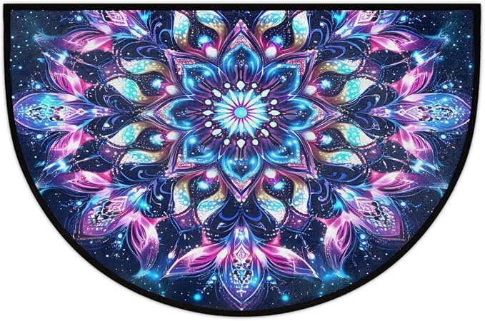Mandala Half Round Doormat Semi Circle Rug Half Moon Rug Entryway Mat | Blue Flower Washable Non Slip Outdoor Floor Rug Kitchen Mat for Indoor Outdoor Bathroom Fireplace Bath Decor