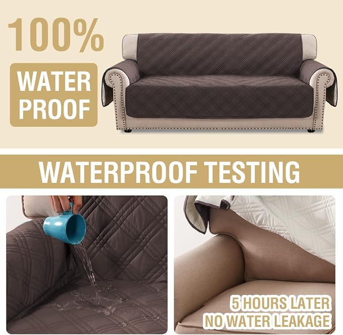 H.VERSAILTEX 100% Waterproof Couch Covers for 3 Cushion Couch Sofa Modern Sofa Slipcovers Thick Soft Furniture Protector with Elastic Straps(Sofa,Chocolate/Beige)