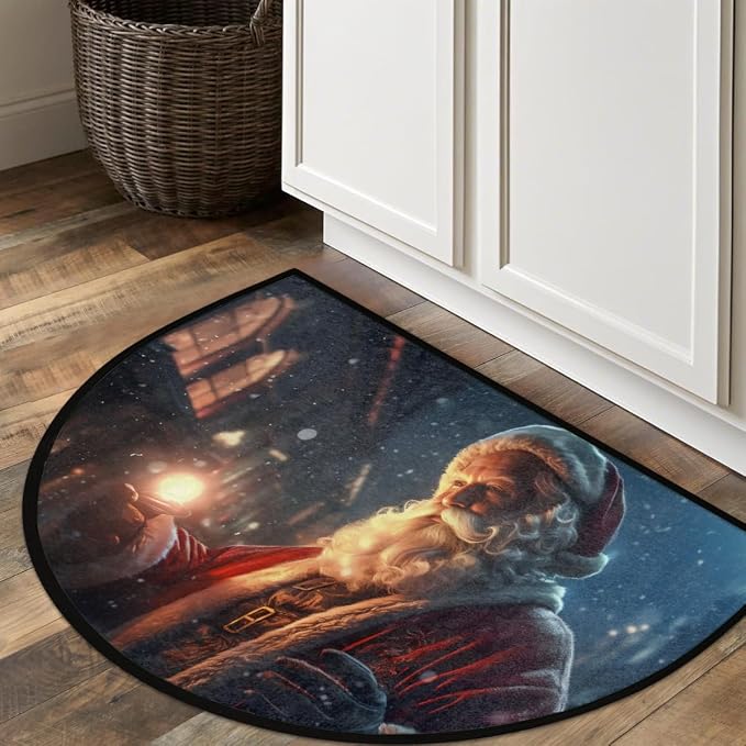 cfpolar Christmas Santa Claus Xmas Half Round Door Mat Outdoor Entrance Large 24"x36" Half Circle Welcome Entrance Way Mat Semi Circular Front Door Mat Area Rug for Garage, Patio, High Traffic Areas