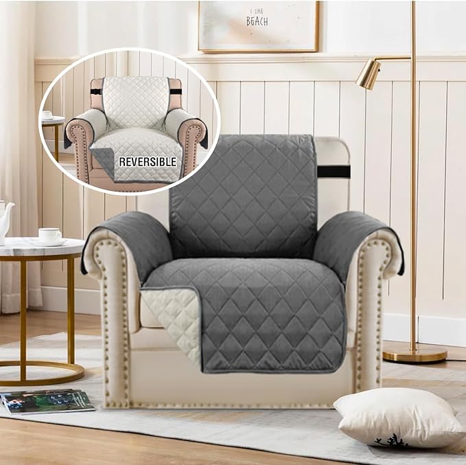 H.VERSAILTEX Chair Slipcover Reversible Chair Cover Water Resistant Washable Chair Cover Non-Slip Fabric Furniture Protector with Elastic Strap for Pets(Armchair, Charcoal Grey)