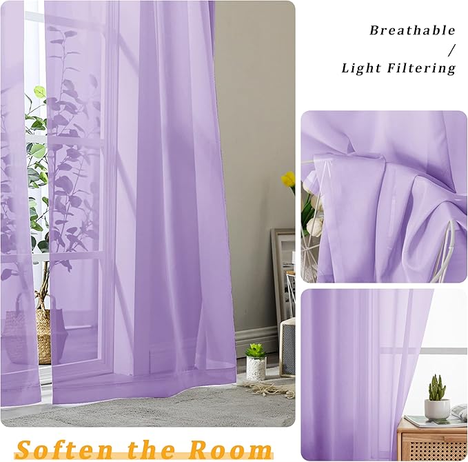 Gwine Lilac Sheer Curtains for Bedroom 54 inches Long 2 Panels, Light Filtering - Image 3