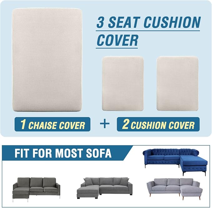 H.VERSAILTEX Sectional Couch Covers 3 Pieces Sofa Seat Cushion Covers L Shape Separate Cushion Couch Chaise Cover for Both Left/Right Sectional Couch (Seat Only: 1 Chaise + 2 Sofa, Ivory)