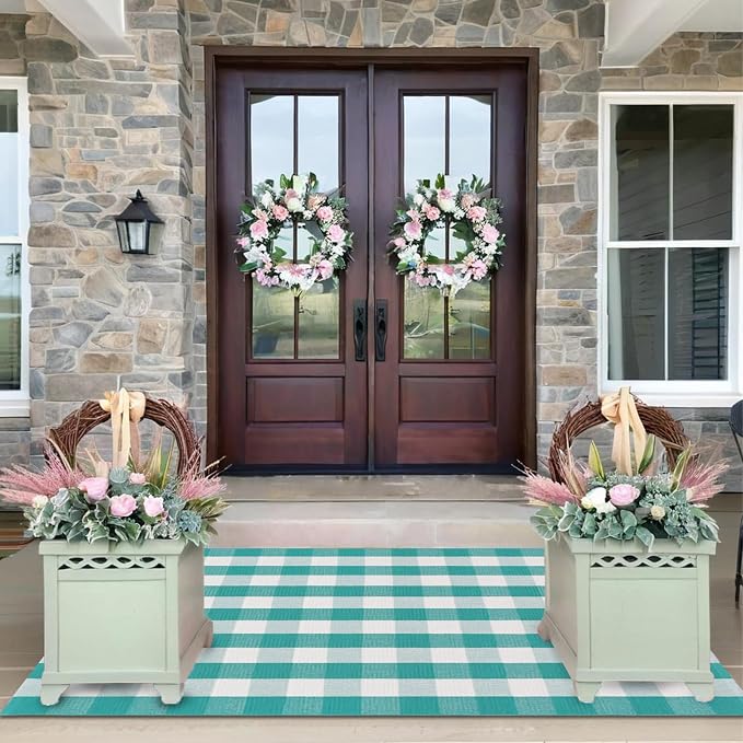 Ckorzen Green and White Plaid Rug, 4' x 6' Spring Outdoor Front Porch Door Decor Mat, Washable Cotton Woven Farmhouse Area Rug for Layered Door Mats Carpet, Entryway, Easter Décor