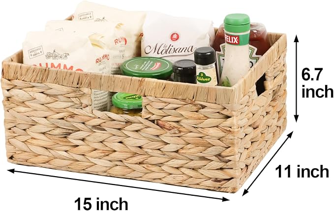 Water Hyacinth Wicker Storage Basket with Handles, Large | 15 x 11 x 6.75 Inch Basket, Shelf Organizer, Rectangular Woven Bin, Towel and Blanket Storage, Natural Decor