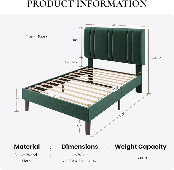 SHA CERLIN Twin Size Velvet Bed Frame with Adjustable Headboard, Green | Vertical Channel Tufted Design, Upholstered Platform Bed, Wood Slats Support/No Box Spring Needed/Easy Assembly
