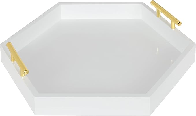 Kate and Laurel Lipton Hexagon Decorative Tray with Polished Metal Handles, White and Gold