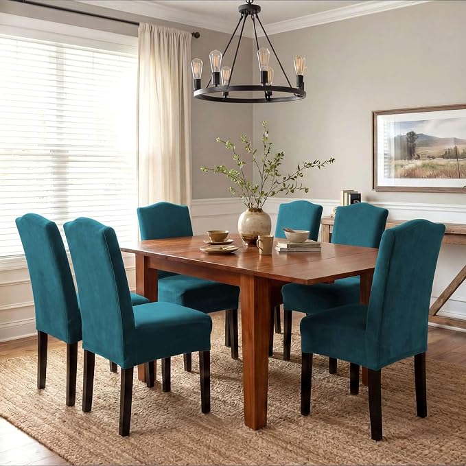 H.VERSAILTEX Velvet Dining Chair Covers Stretch Chair Covers for Dining Room Set of 6 Parson Chair Slipcovers Chair Protectors Covers Dining, Soft Thick Solid Velvet Fabric Washable, Deep Teal