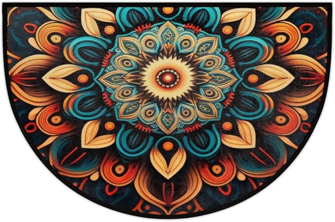 Bohemian Flower Half Round Doormat Boho Floral Washable Semi Circle Area Rug Non Slip Absorbent Half Moon Rug for Indoor Outdoor Bathroom Kitchen Patio Front Welcome Fireplace Hearth Floor Mat