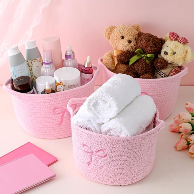 Vesici 3 Pcs Pink Bow Small Baskets Coquette Bow Woven Cotton Rope Storage Basket 9.7'' x 7.1'' Laundry Organizer with Handles for Toys Clothes Organization Nursery Bedroom