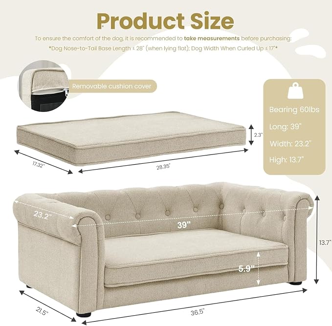 Dog Sofa Couch for Small to Medium Dogs, Memory Foam Dog Couch with Washable Fabric, Removable Cushion, Sofa Bed for Medium Dogs, Beige