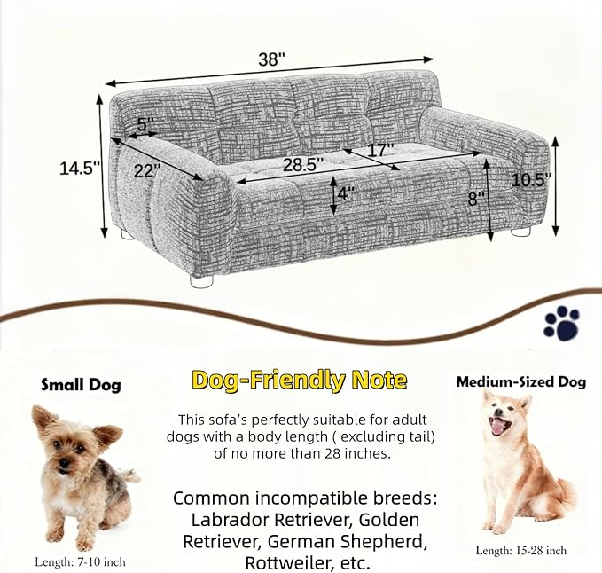 38" Dog Sofa Couch Bed for Small, Medium, Large Dogs, Soft Memory Foam Pet Sofa with Durable Linen Fabric, Comfortable Pet Couch with Backrest and Armrests, Easy to Clean and Maintain（Beige）
