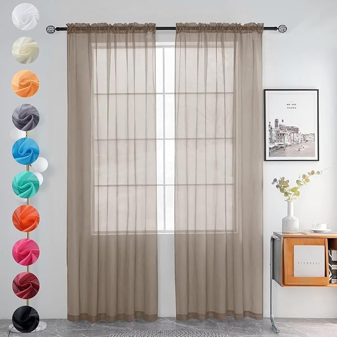 youleyar Solid Sheer Rod Pocket Curtain Voile Draperies 2 Panels White Beige Black Grey Ivory 52 Inch Width 63 Inch Long 1 Pair for Kitchen Bedroom Children Living Room Yard (Taupe,52Wｘ63L)