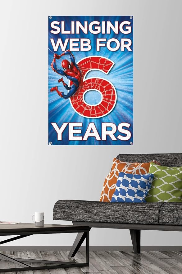 Trends International Marvel Spider-Man - Happy 6th Birthday Wall Poster, 22.37" x 34.00", Premium Poster & Push Pin Bundle