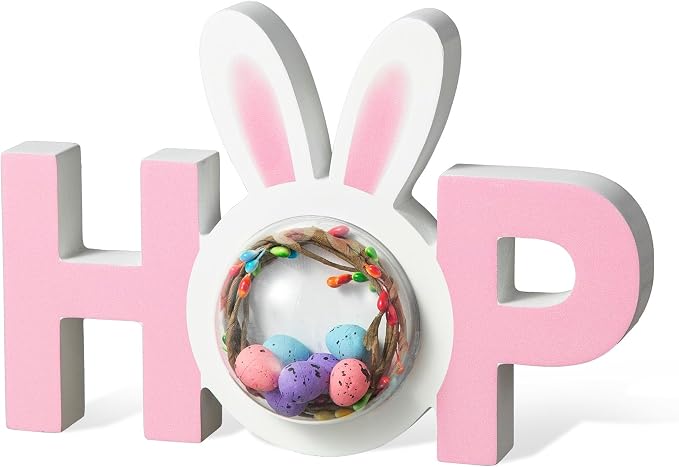 Glitzhome Wooden Easter Bunny Tabletop Sign Easter Hop Table Decor for Spring Easter Party Supplies Props