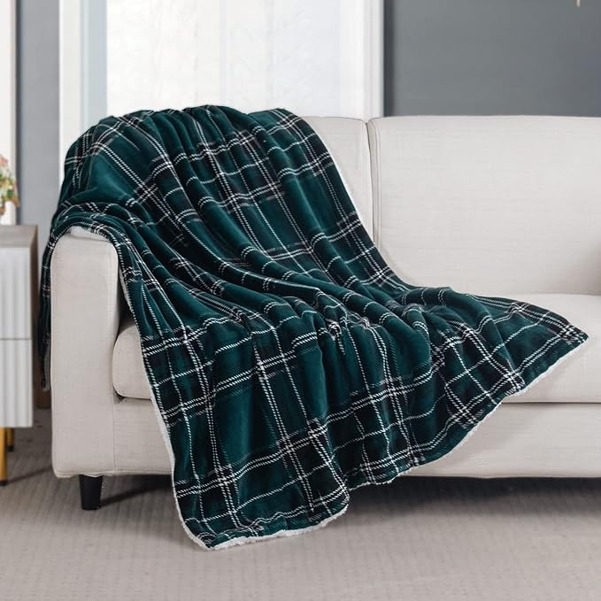 Elegant Comfort Throw Blanket, Reversible Sherpa Flannel, Ultra-Soft, Fuzzy, Cozy and Plush- All Season Lightweight Decorative Throw, 50 x 60 inches, Plaid Design Sherpa Throw, Green (Pack of 5)