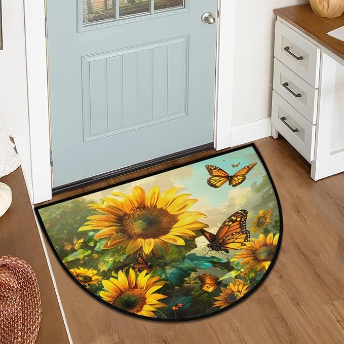 Sunflower Half Round Door Mat Non-Slip Semi Circle Rug Half Moon Doormat | Sunflower Fall Soft Washable Welcome Entrance Mat for Outdoor Indoor Floor Bedroom Bathroom Home Kitchen Festival Decor