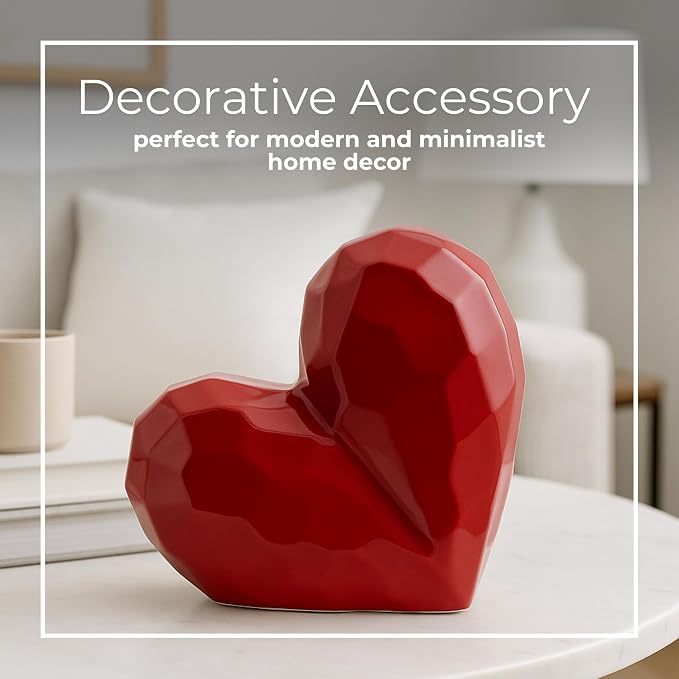 Decorative Ceramic Heart Sculpture for Home Decor - Ornaments for Bathroom, Office, and Living Room Decor - Modern Figurine Accent for Bedroom, Shelf Display, and Coffee Table - 8", Red
